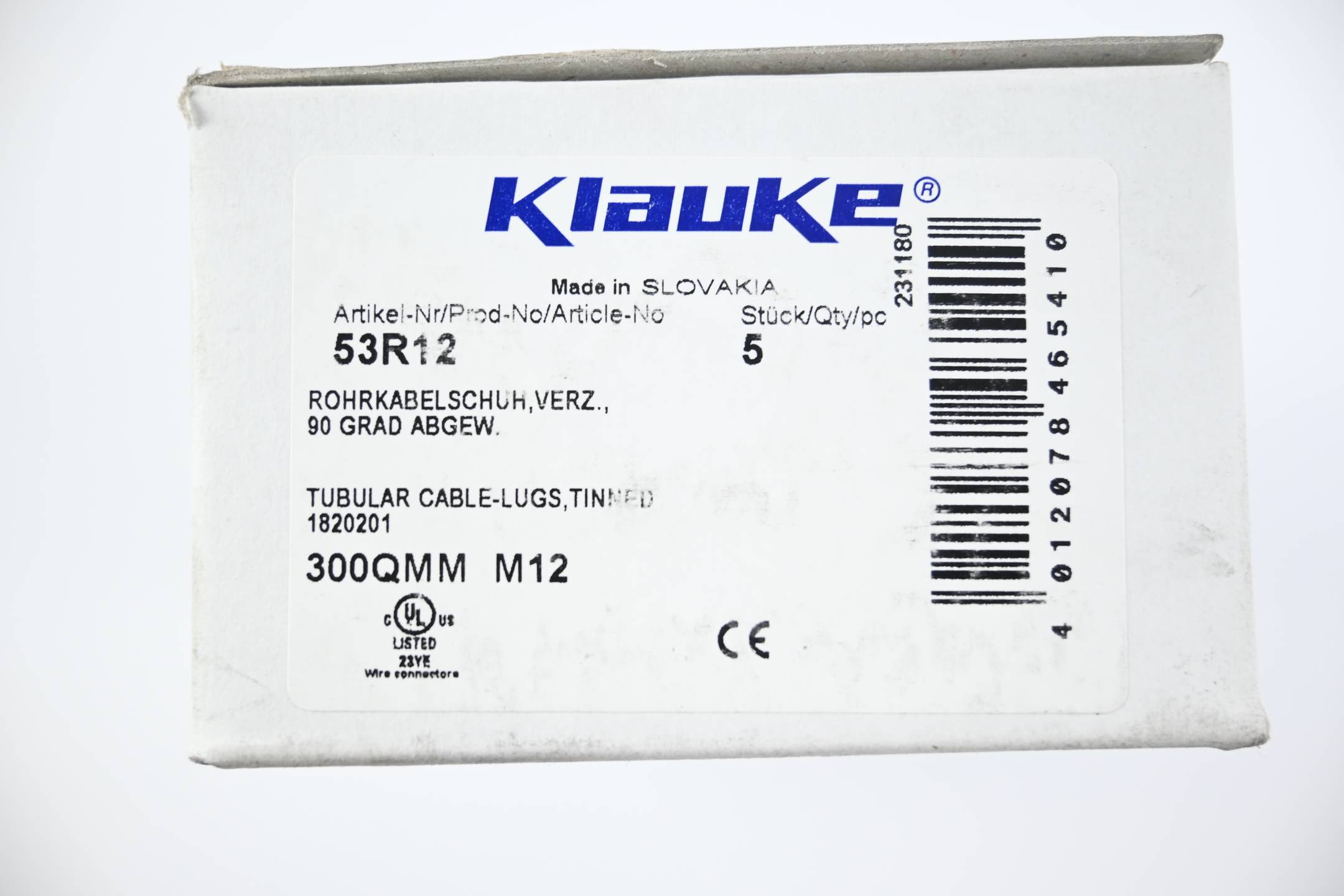 Klauke 5 Stück Rohrkabelschuh verzinnt 90° abgewinkelt 53R12 ( 300QMM M12 )