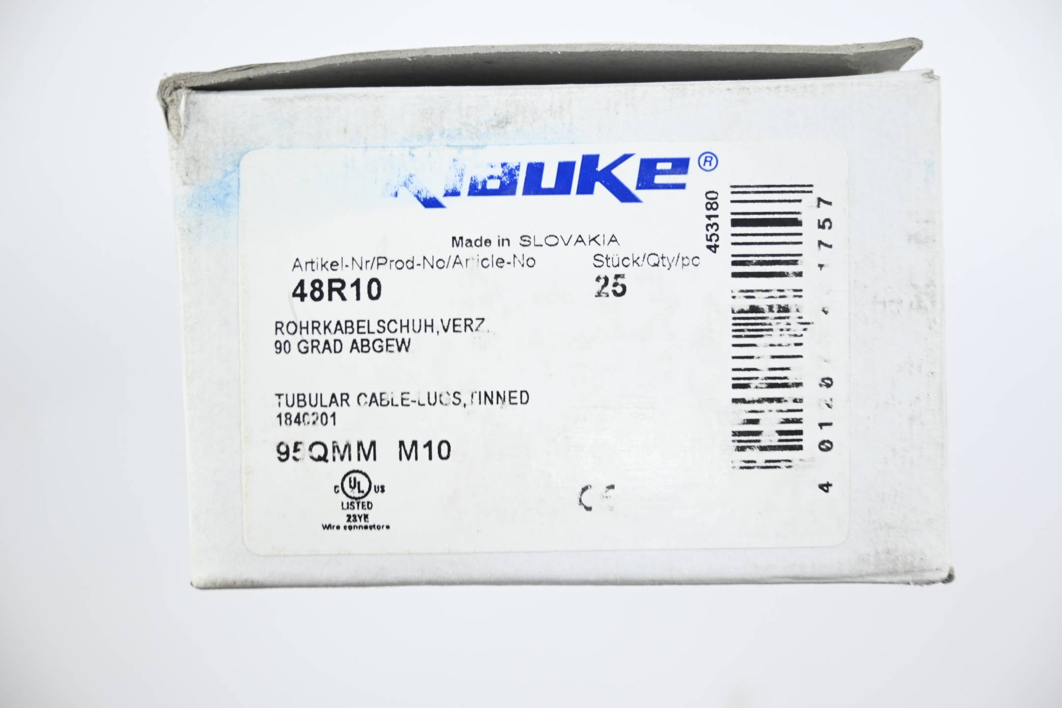 Klauke 25 Stück Rohrkabelschuh verzinnt 90° abgewinkelt 48R10 ( 95QMM M10 )