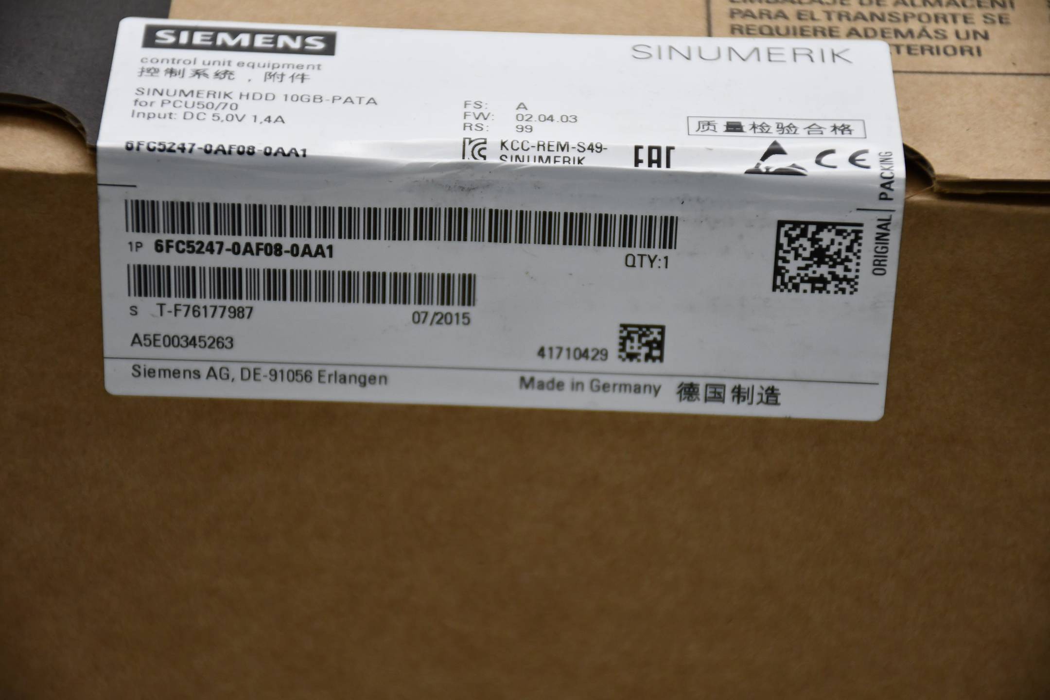 Siemens sinumerik HDD 10GB 6FC5247-0AF08-0AA1 ( 6FC5 247-0AF08-0AA1 ) FS: A