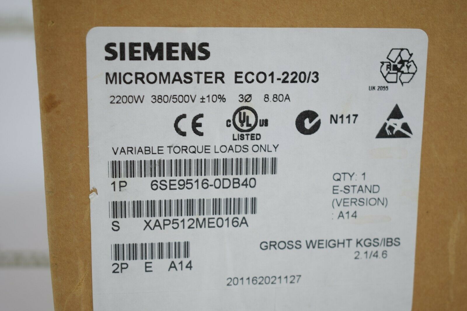 Siemens Micromaster ECO1-220/3 6SE9 516-0DB40 ( 6SE9516-0DB40 ) E.A14