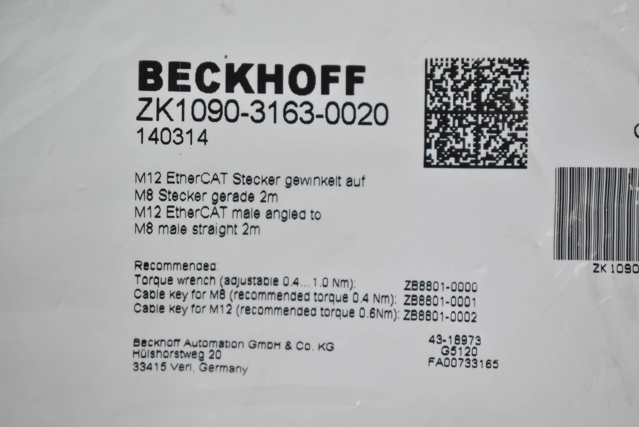 Beckhoff EtherCAT-Leitung M12 Stecker gewickelt 2m ZK1090-3163-0020