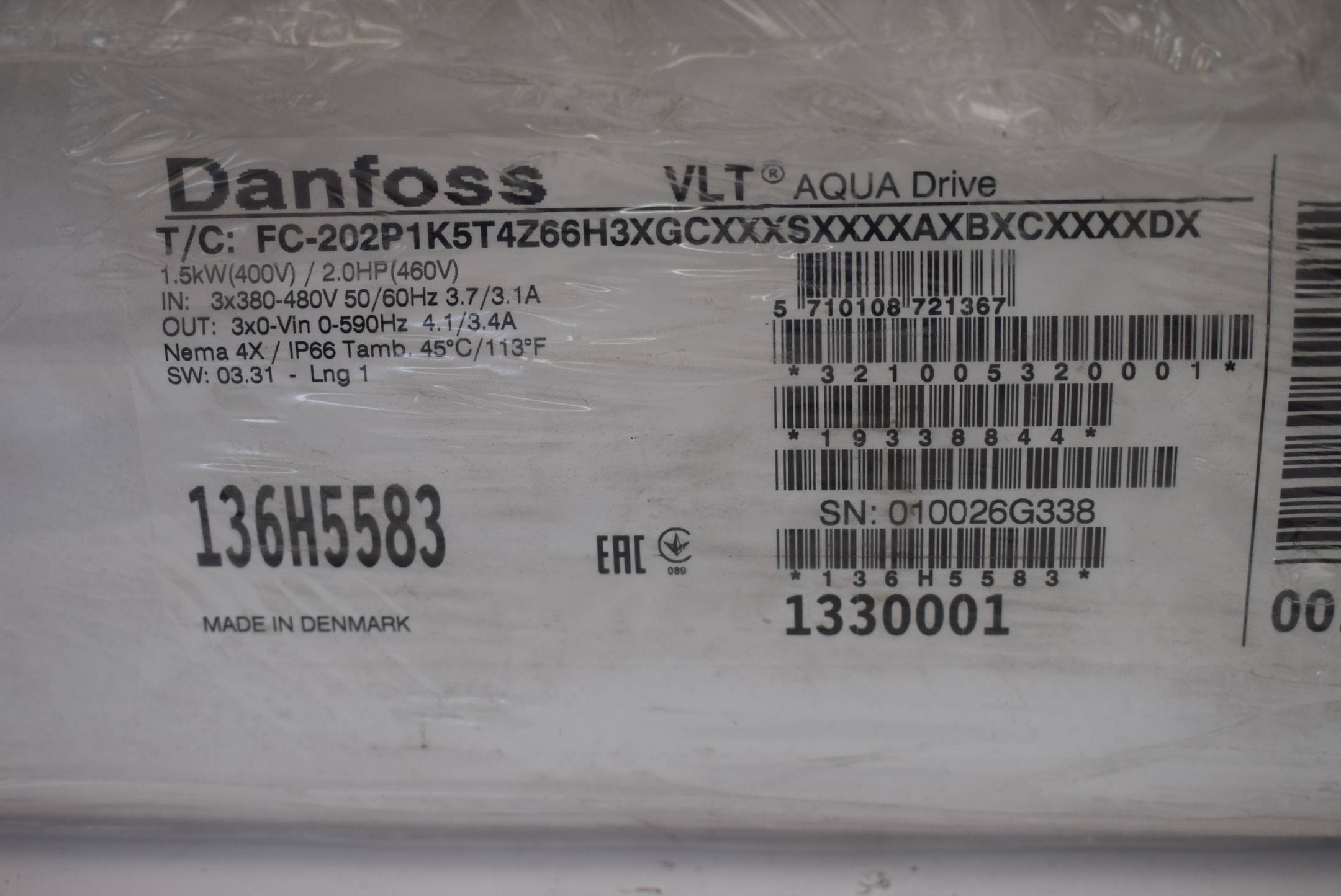 Danfoss VLT Frequenzumrichter FC-202P1K5T4Z66H3XGCXXXSXXXXAXBXCXXXXDX 136H5583