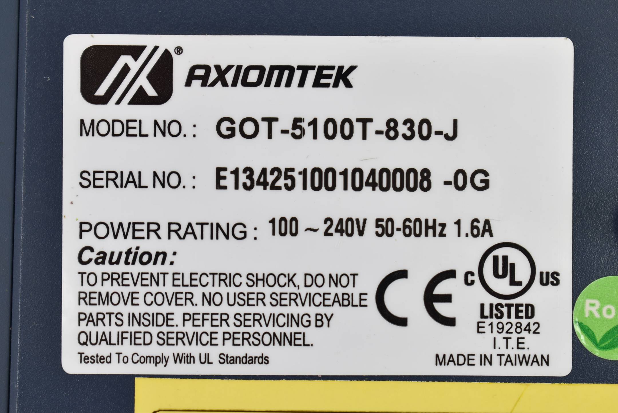 Axiomtek lüfterloser Touch-Panel-Computer 100-240V 50-60Hz 1,6A GOT-5100T-830-J