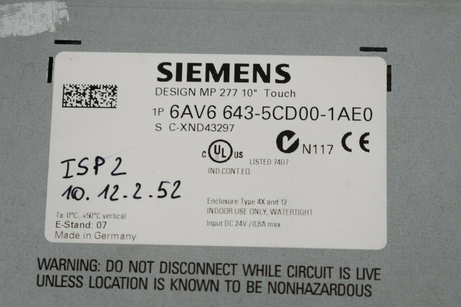 Siemens simatic MP 277 10" Touch 6AV6 643-5CD00-1AE0 ( 6AV6643-5CD00-1AE0 ) E.7