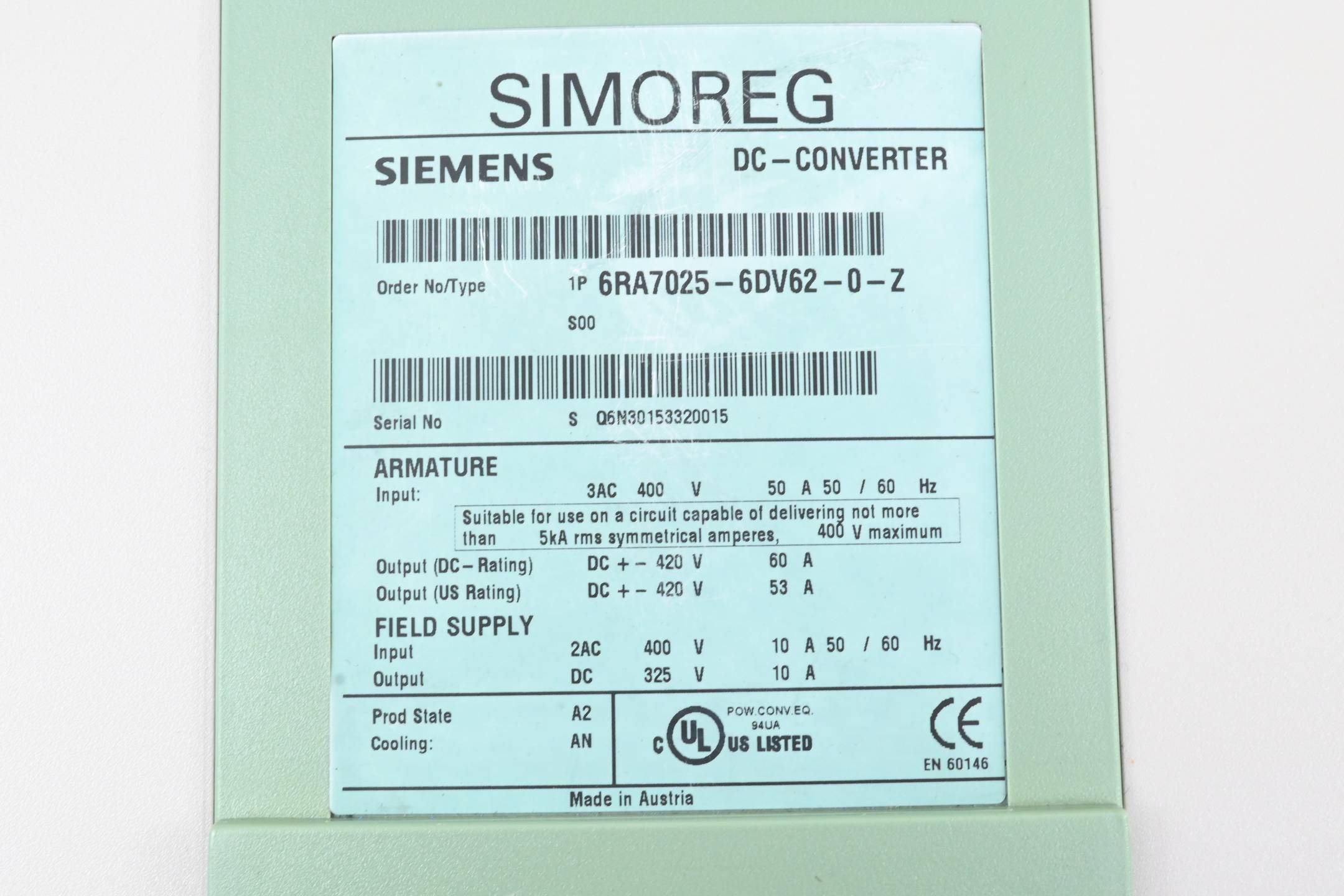 Siemens Simoreg DC-Converter 6RA7025-6DV62-0-Z ( 6RA7 025-6DV62-0-Z ) E.A2 Z=S00