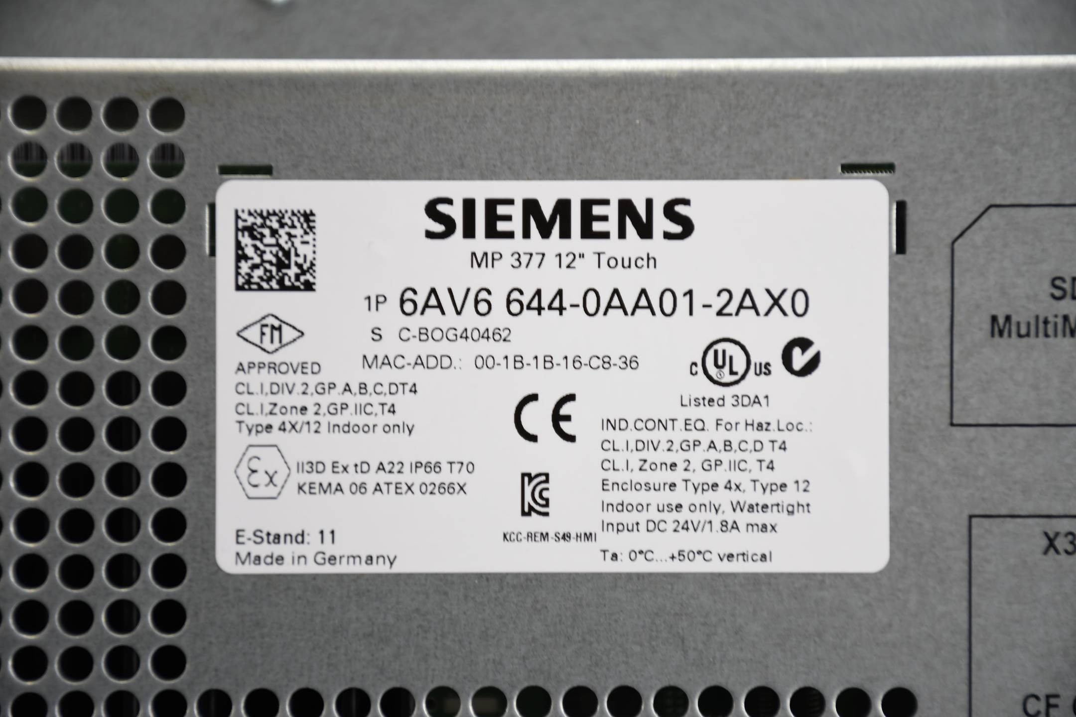 Siemens simatic MP 377 12'' Touch 6AV6644-0AA01-2AX0 ( 6AV6 644-0AA01-2AX0 ) E11