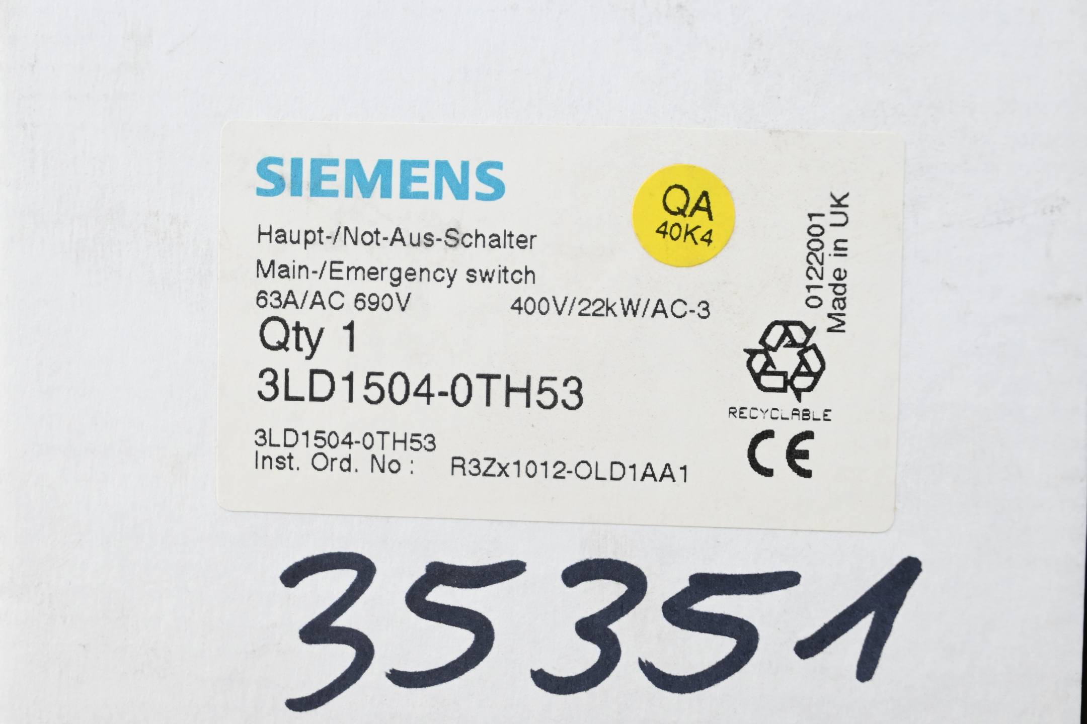 Siemens Haupt-/Not-Aus-Schalter 3LD1504-0TH53 ( 3LD1 504-0TH53 )