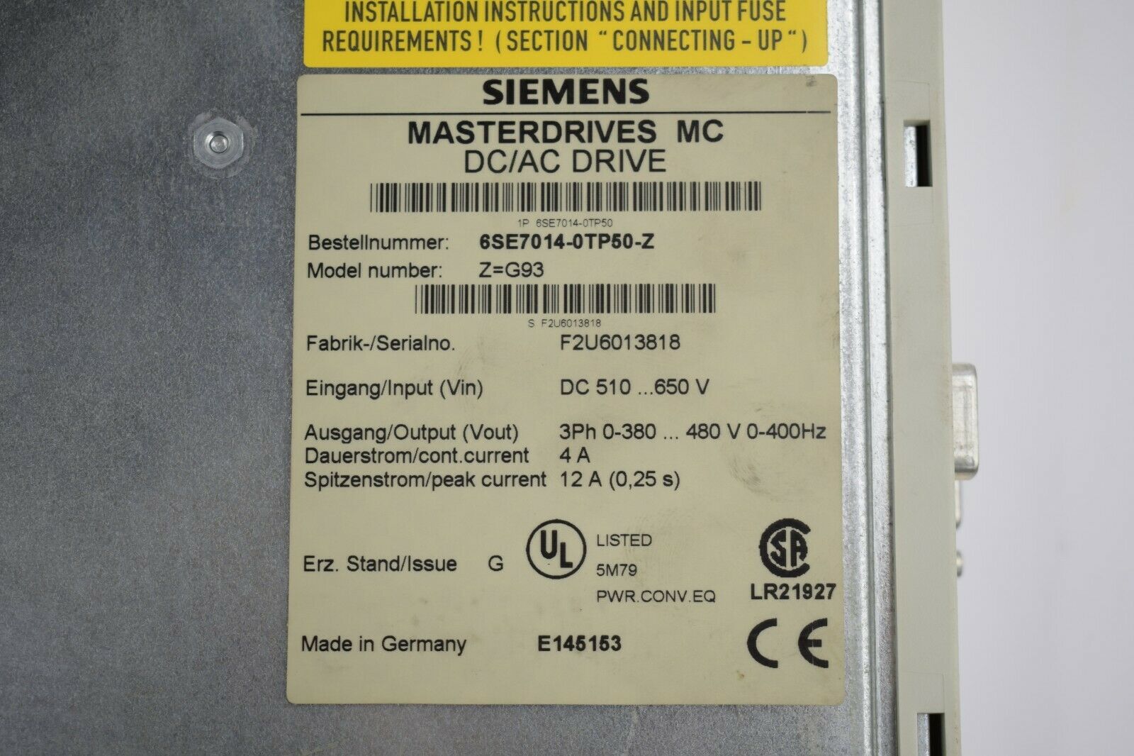 Siemens Masterdrives MC DC/AC Drive 6SE7014-0TP50-Z ( 6SE7 014-0TP50-Z )
