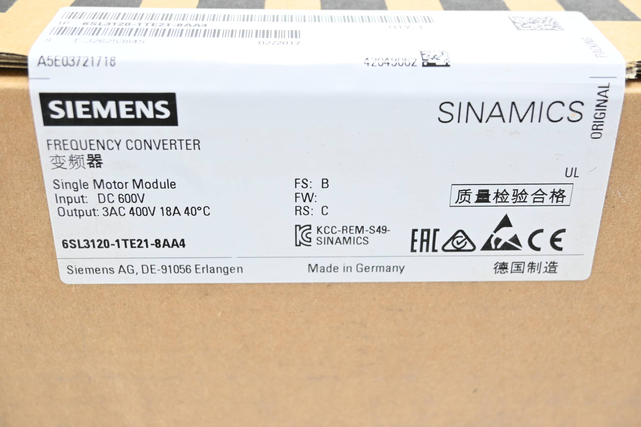 Siemens Sinamics Single Motor Modul 6SL3120-1TE21-8AA4 ( 6SL3 120-1TE21-8AA4 ) B