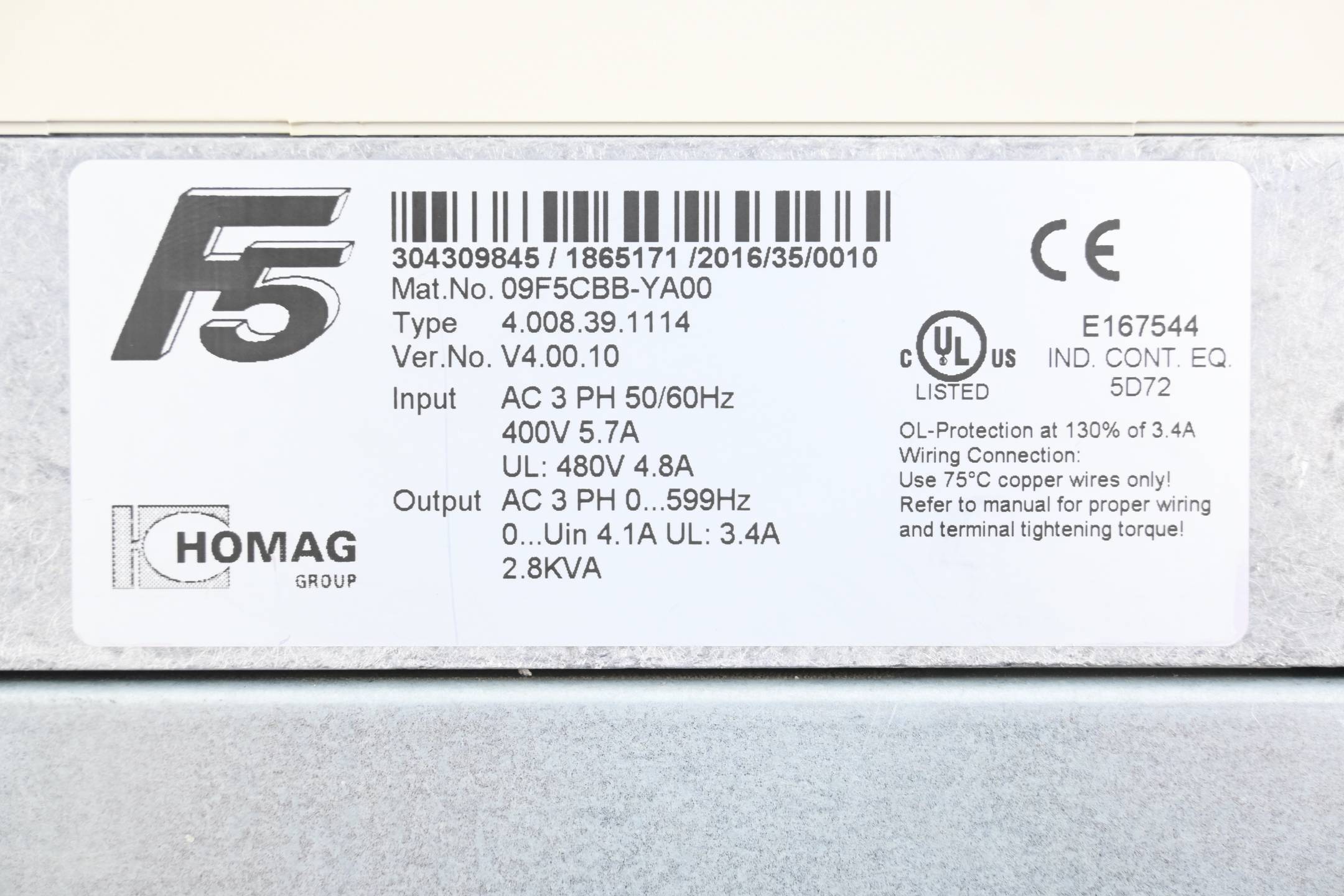 KEB Homag Frequenzumrichter 09F5CBB-YA00 inkl. I/O-Filter 10E5T60-A072