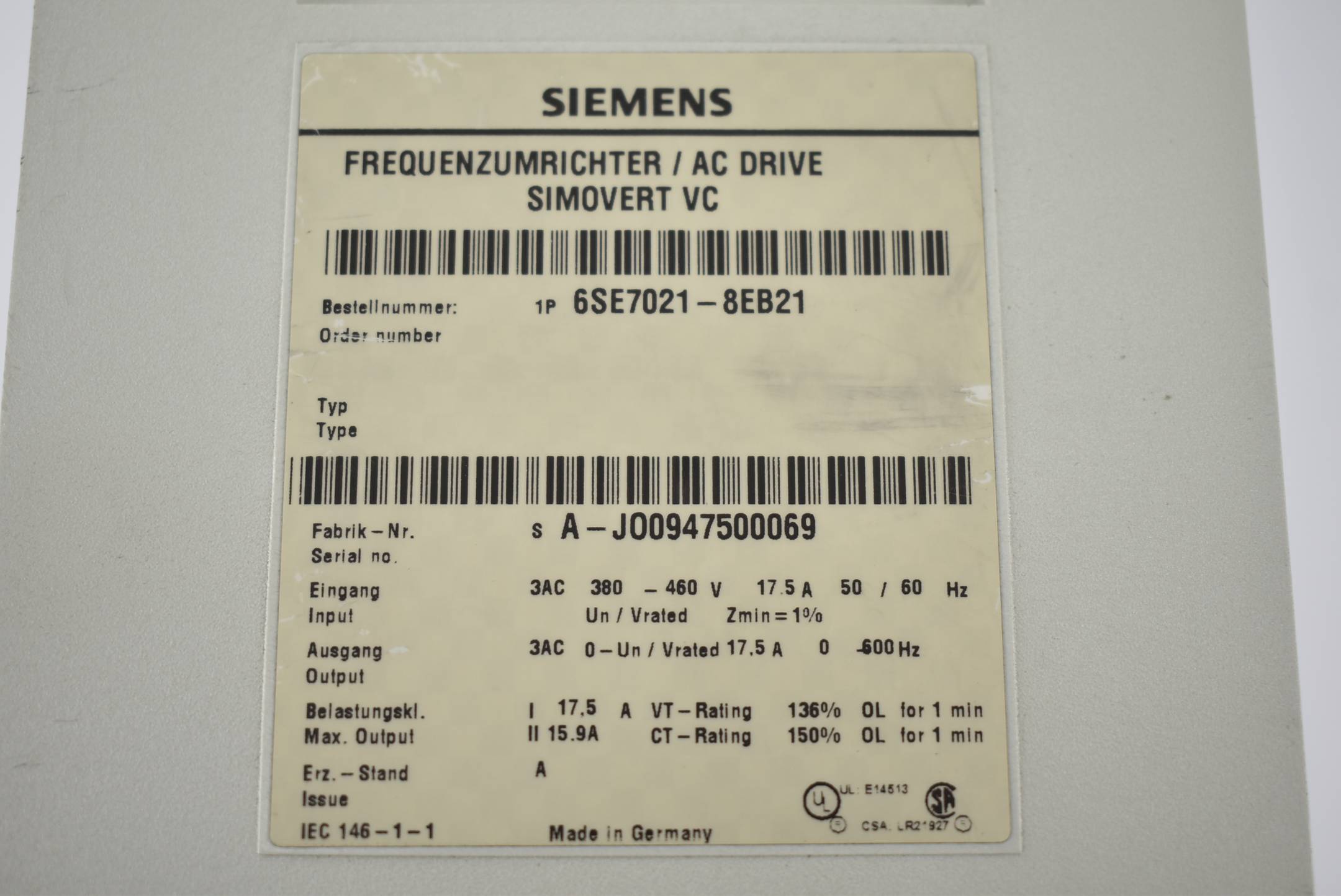 Siemens simovert VC Frequenzumrichter 6SE7021-8EB21 Ver. A