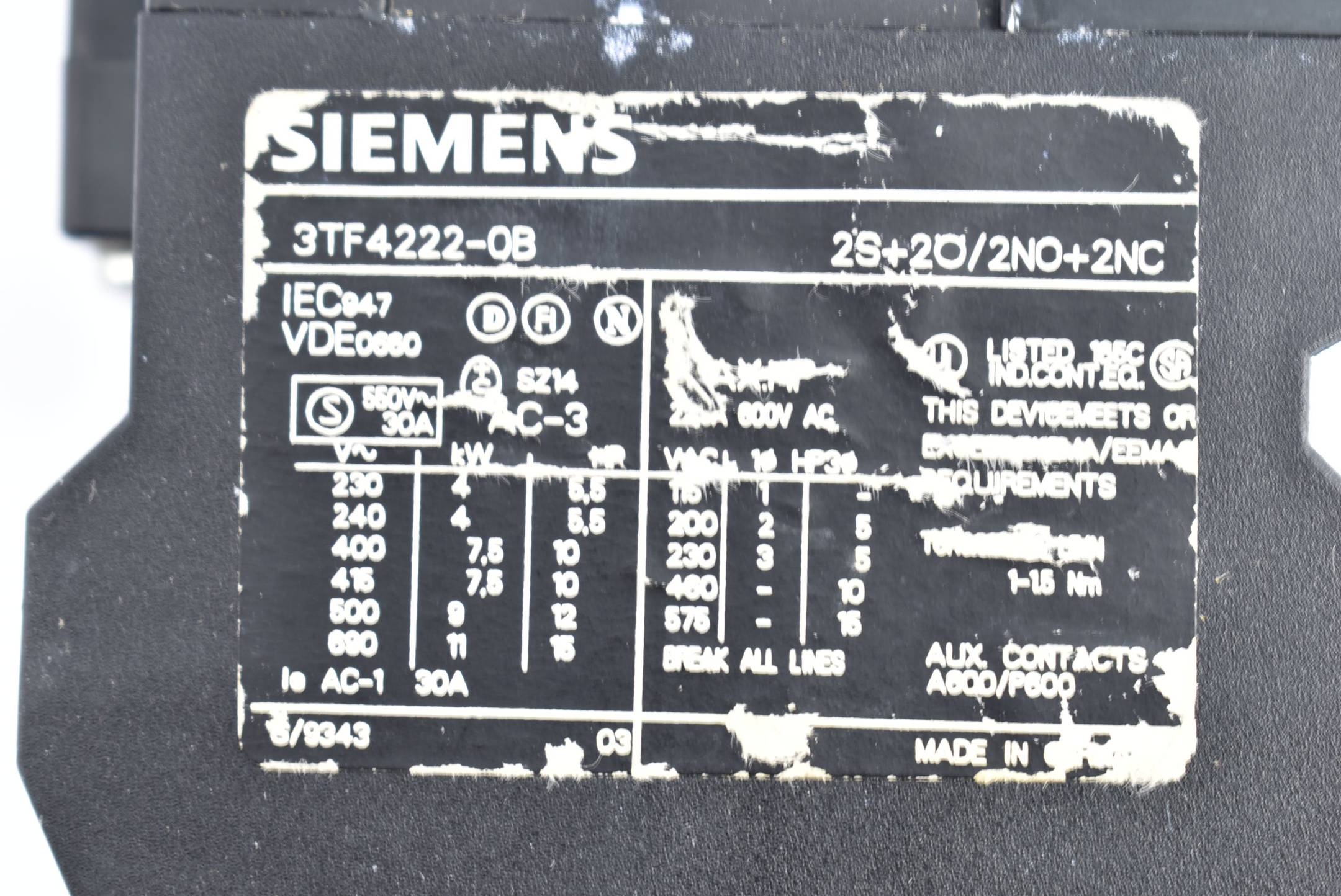 Siemens Schütz 24V Spulenspannung Contactor 3TF4222-0B