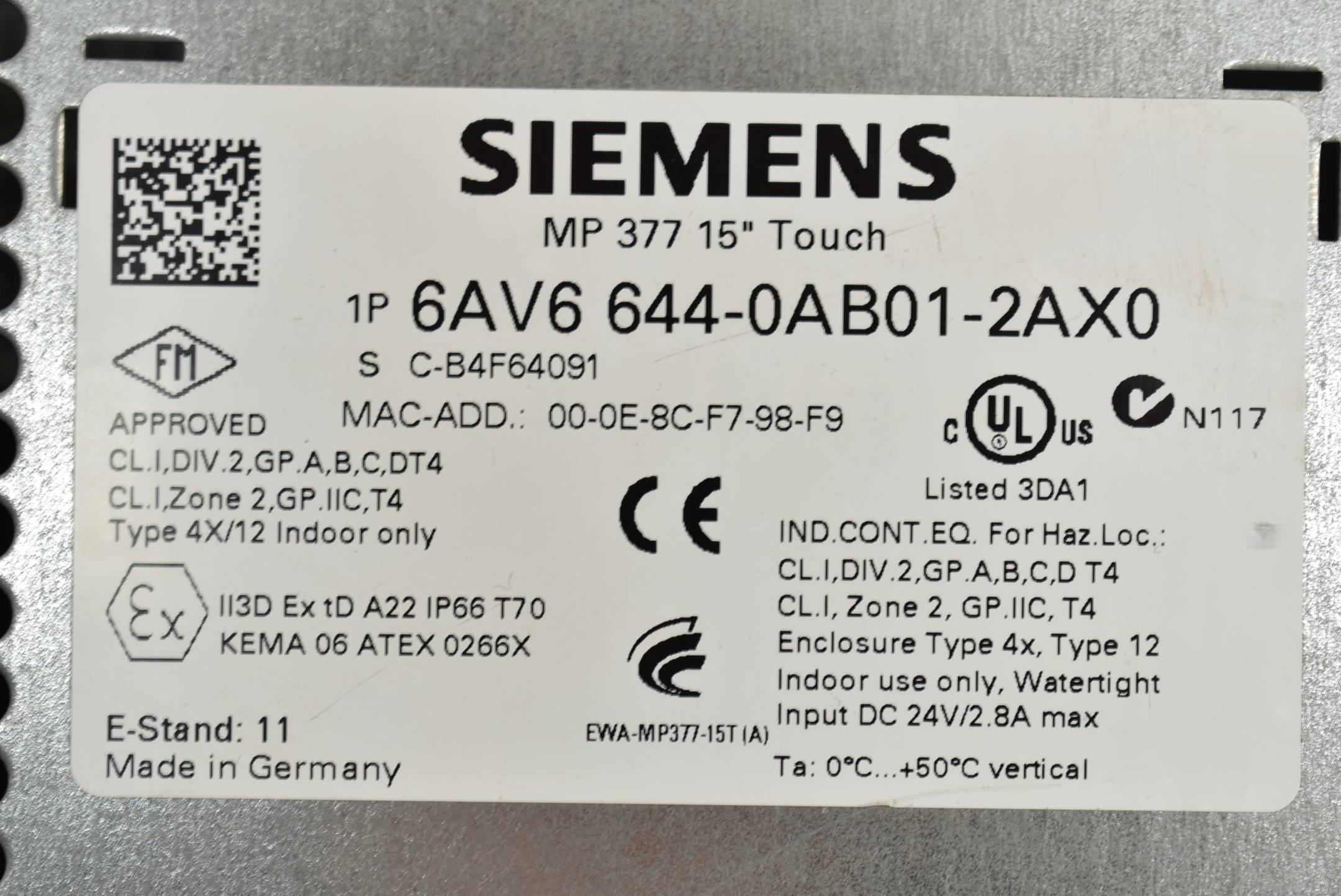 Siemens MP 377 15" Touch 6AV6 644-0AB01-2AX0 ( 6AV6644-0AB01-2AX0 ) E 11