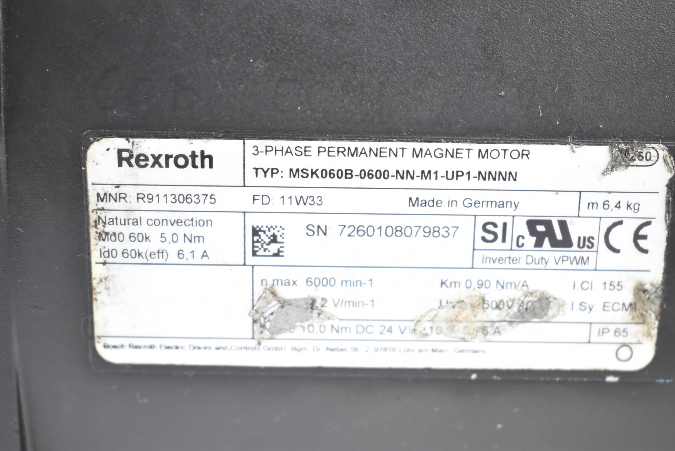 Rexroth Servomotor 5,0Nm 6,1A 6000rpm MSK060B-0600-NN-M1-UP1-NNNN ( R911306375 )