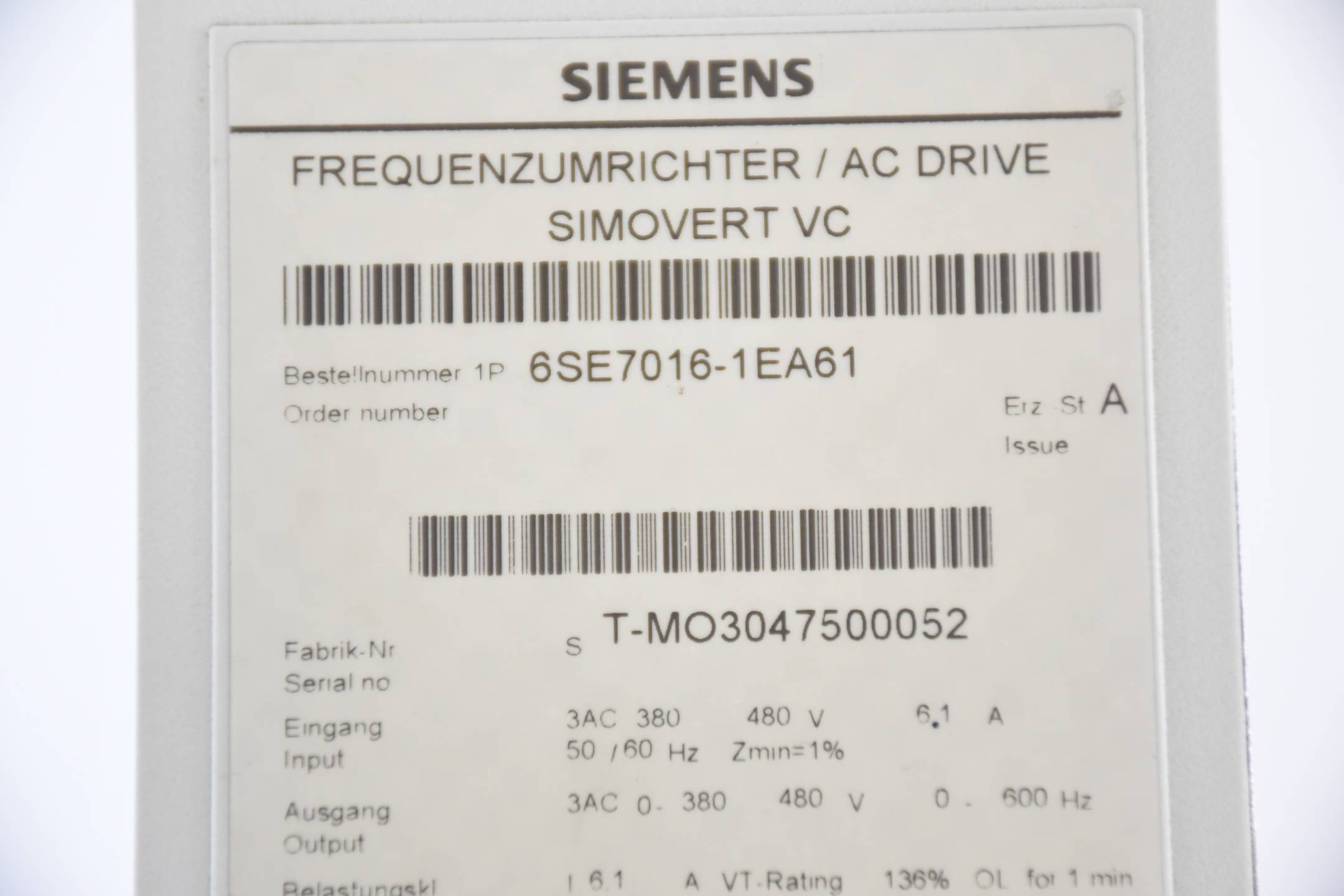 Siemens simovert masterdrives Kompakt 6SE7016-1EA61 ( 6SE7 016-1EA61 ) Ver A