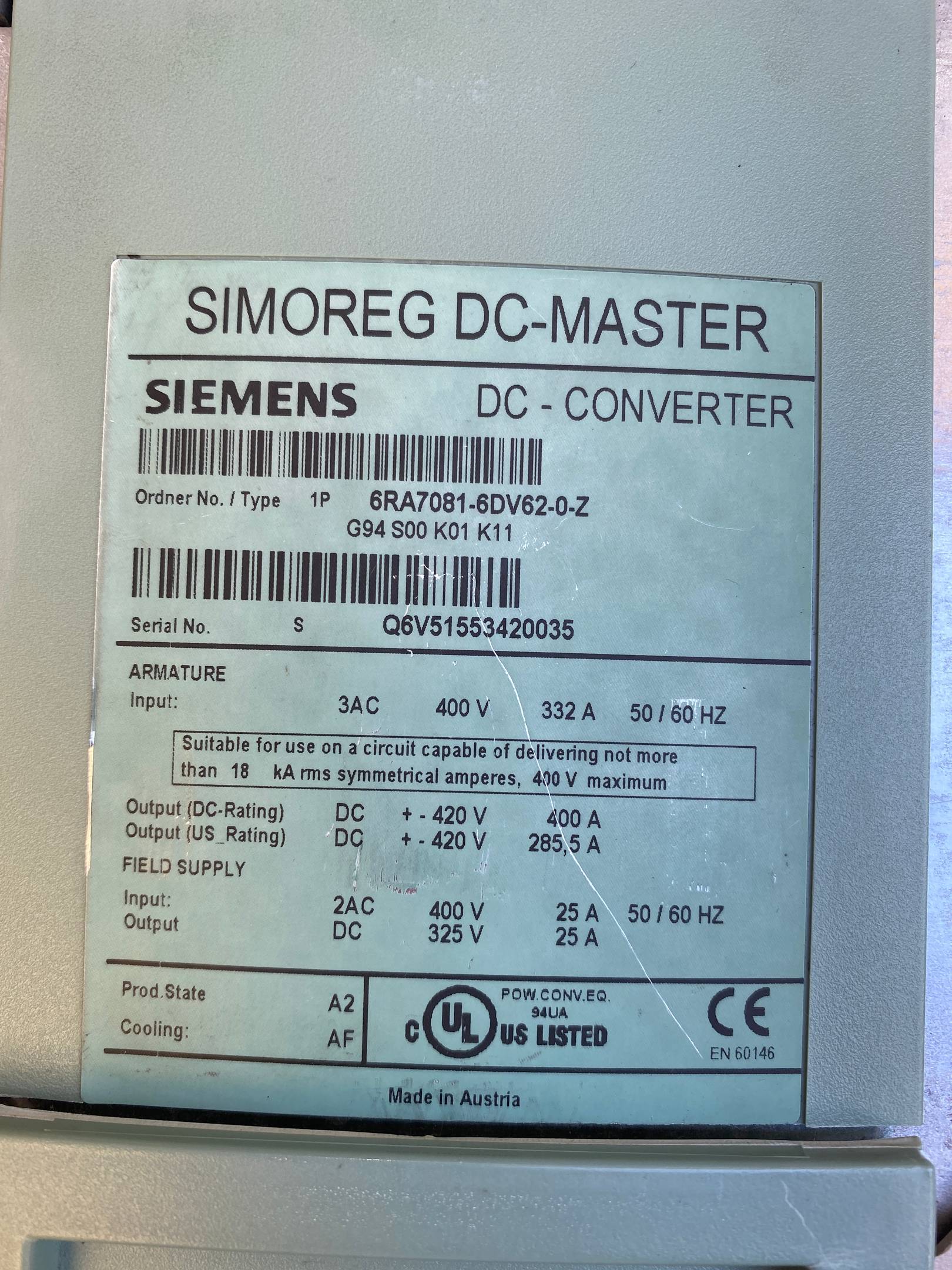 Siemens simoreg DC-Master Converter 6RA7081-6DV62-0-Z