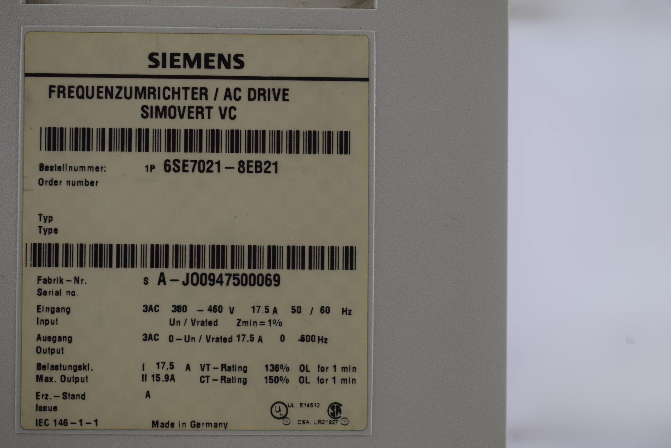 Siemens simovert VC Wechselrichter 6SE7021-5UB20 ( 6SE7 021-5UB20 ) Ver B Siemens simovert VC Wechselrichter 6SE7021-5UB20 ( 6SE7 021-5UB20 ) Ver B