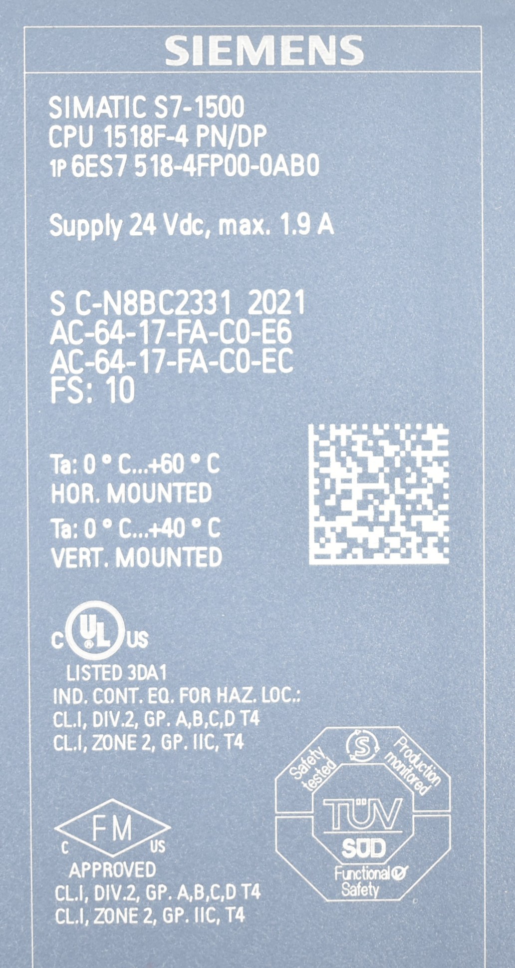 Siemens simatic S7-1500 CPU 1518F-4 PN/DP 6ES7518-4FP00-0AB0 6ES7 518-4FP00-0AB0 E10