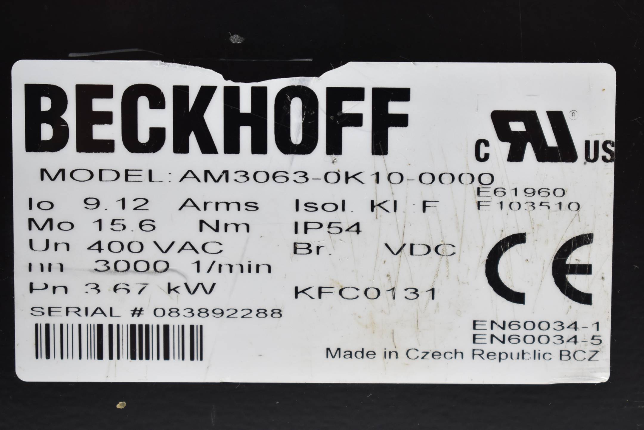 Beckhoff Servomotor 400 VAC 3000 1/min AM3063-0K10-0000