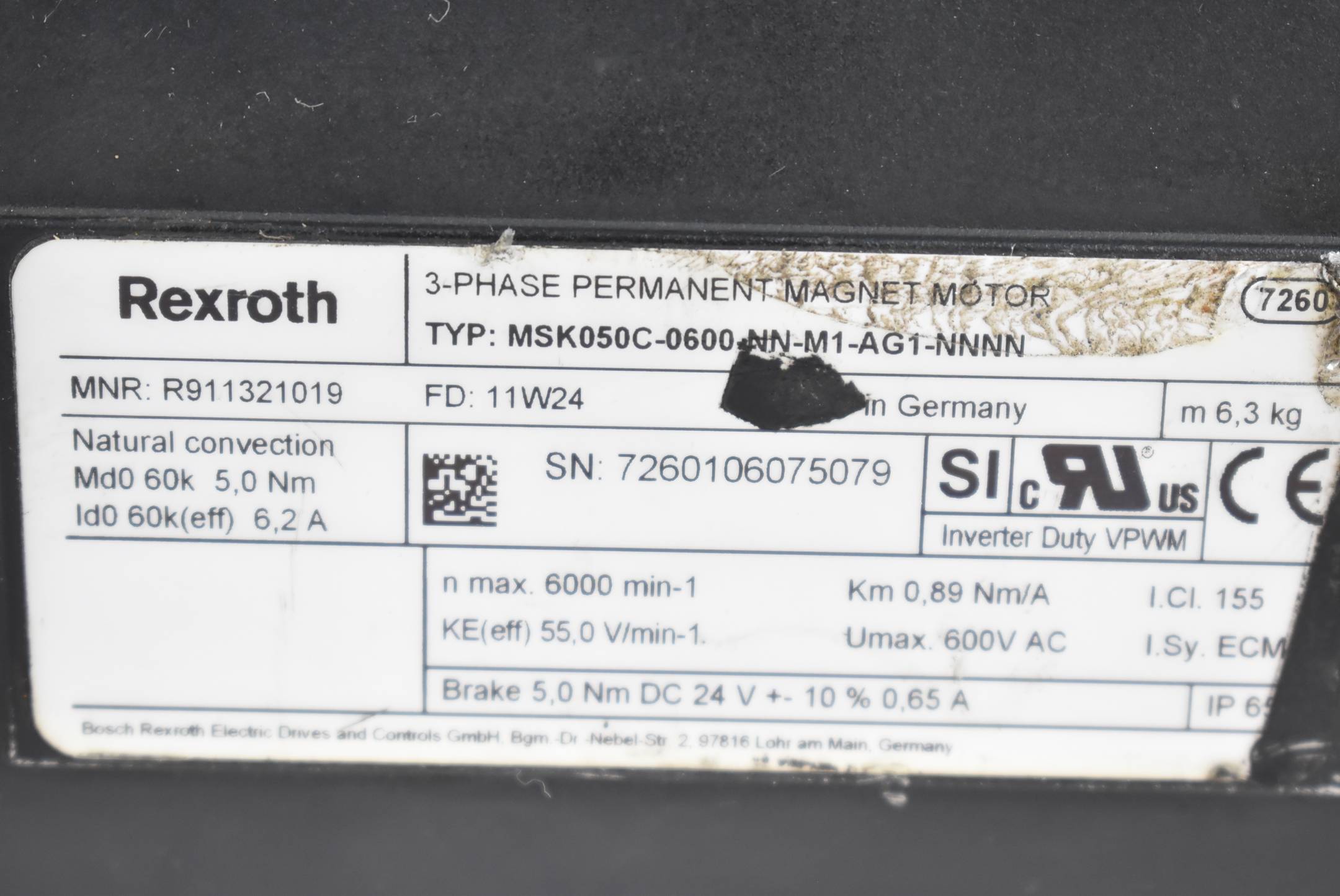 Rexroth Servomotor 5,Nm 6,2A 6000rpm MSK050C-0600-NN-M1-AG1-NNNN ( R911321019 )